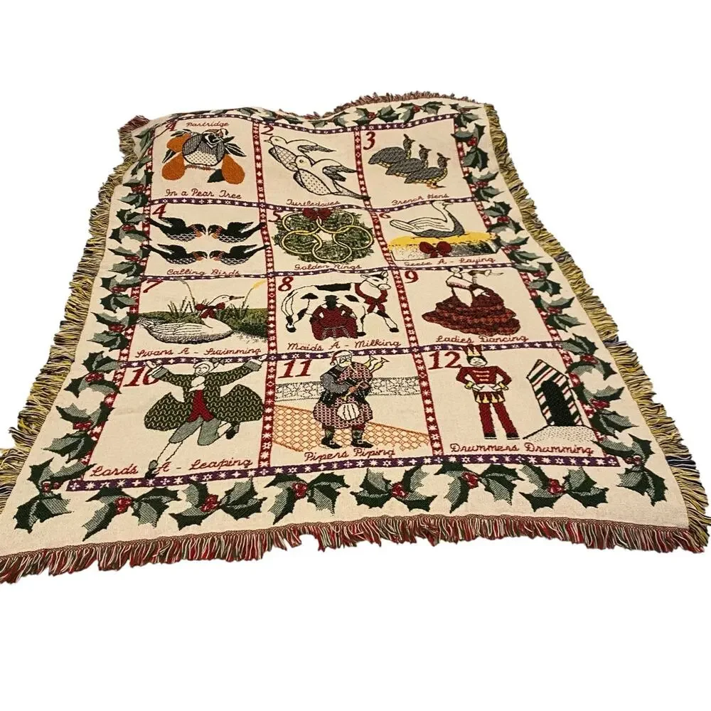 Vintage 12 Days of Christmas Woven Tapestry Throw Blanket Fringe 49x71 Large